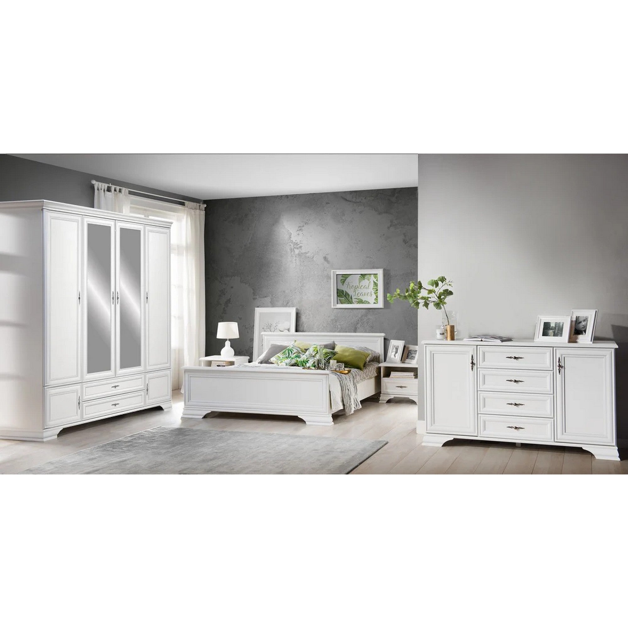 Set mobilier dormitor IDENTO 4, cu pat 160x200, dulap cu 6 usi si 2 sertare, noptiere si comoda