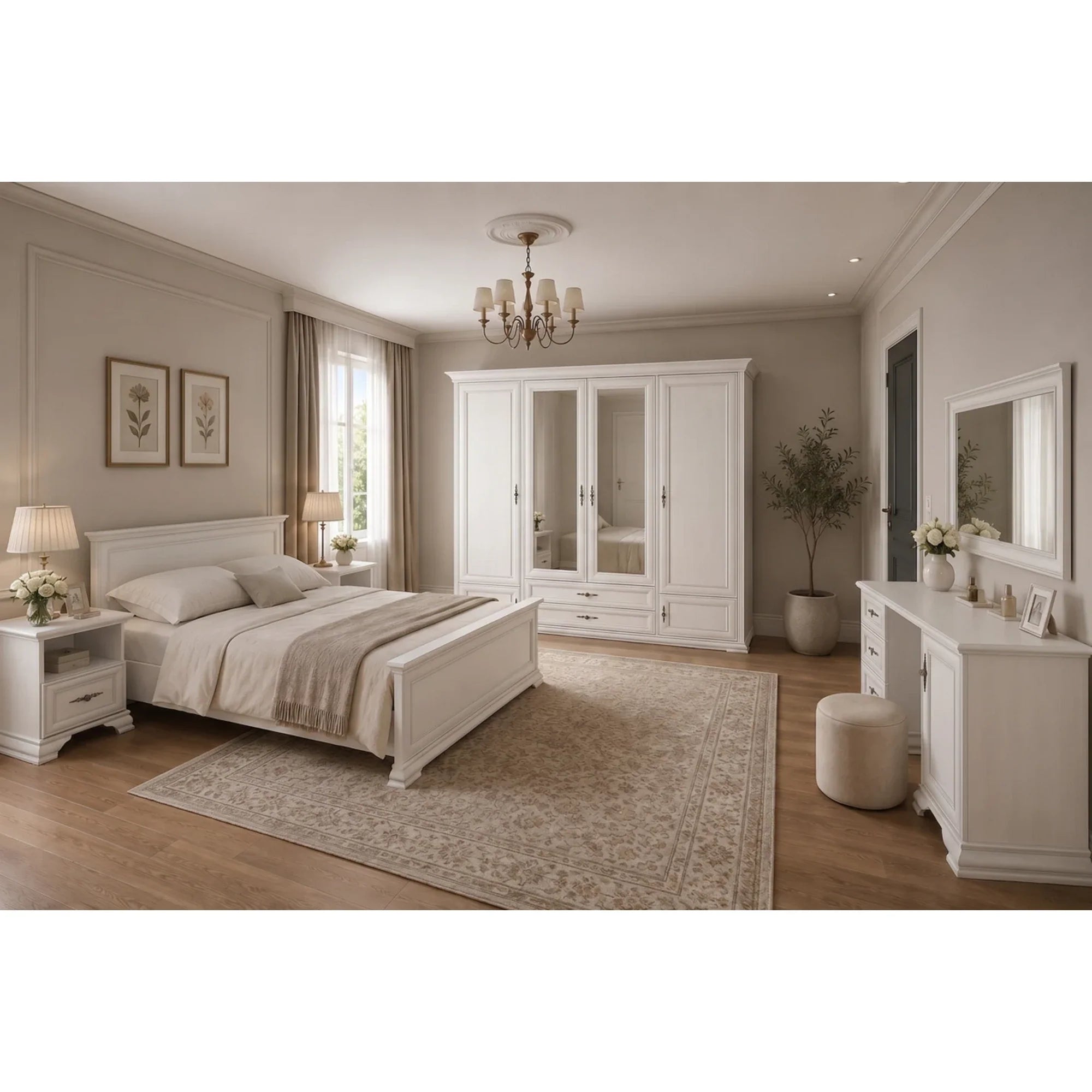 Set mobilier dormitor IDENTO 5, cu pat 160x200, dulap cu 6 usi si 2 sertare, noptiere, masa toaleta si oglinda