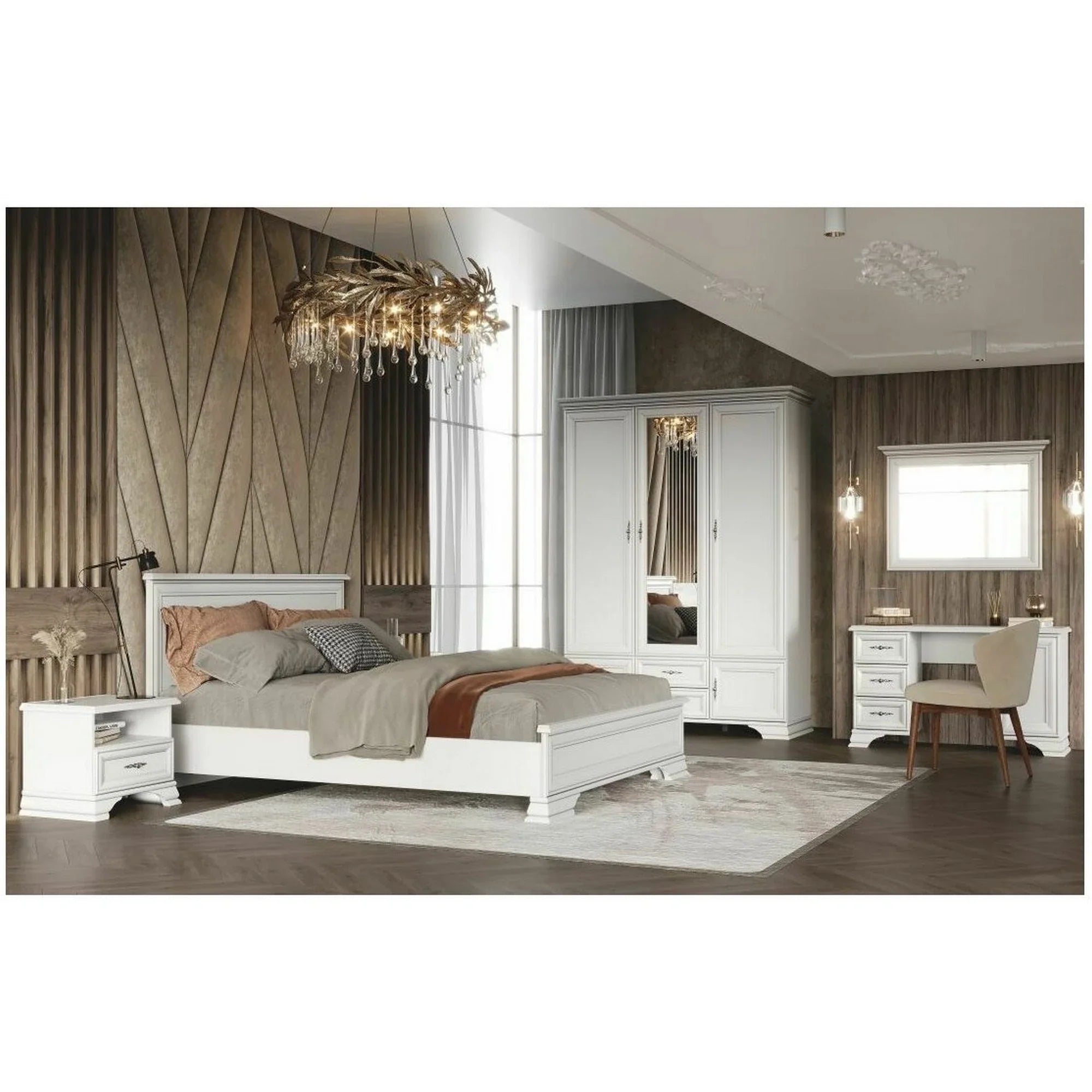 Set mobilier dormitor IDENTO 6, alb, cu pat 160x200, dulap cu 5 usi si 2 sertare, noptiere, masa toaleta si oglinda