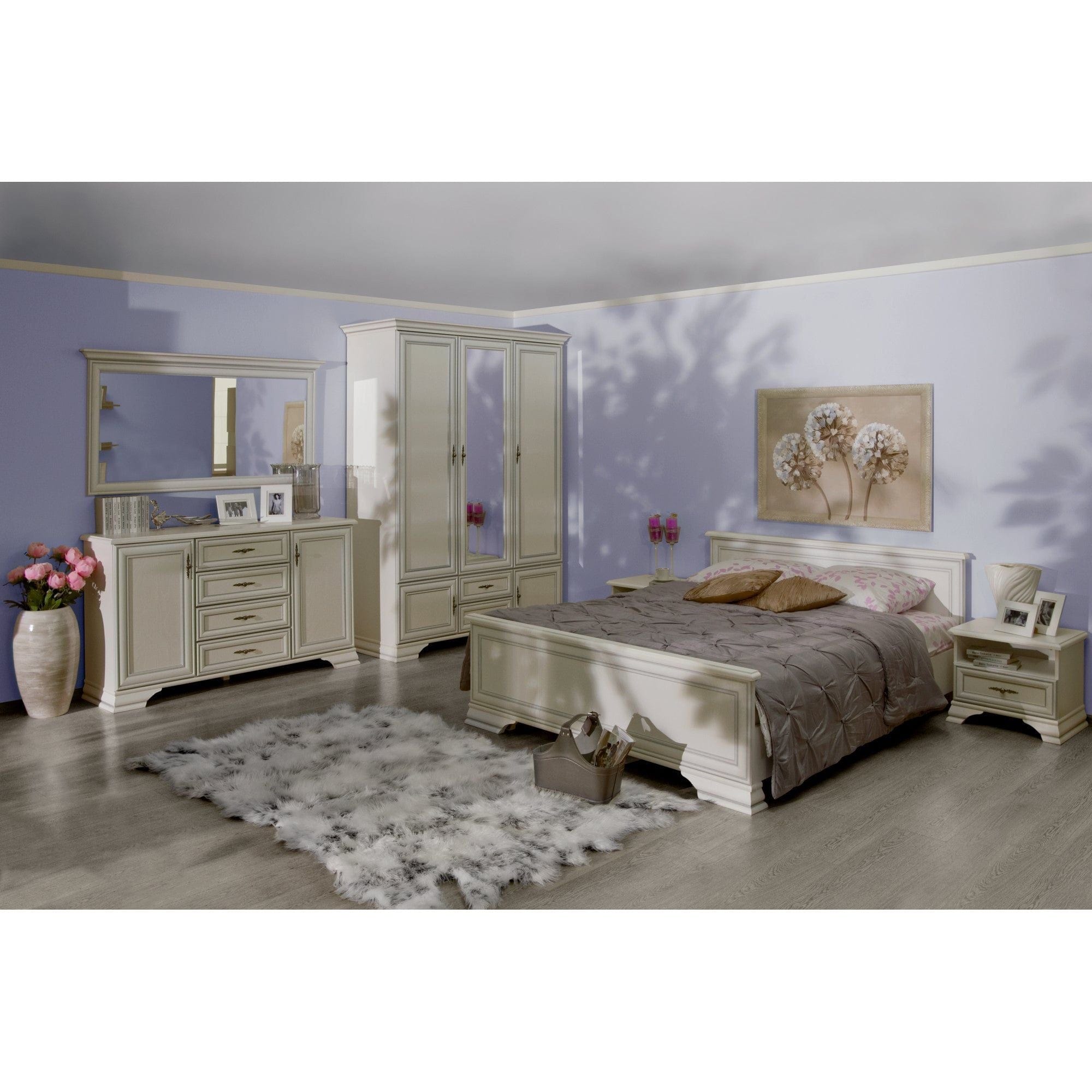 Set mobilier dormitor IDENTO, alb, cu pat 160x200, dulap cu 5 usi si 2 sertare, noptiere, comoda si oglinda