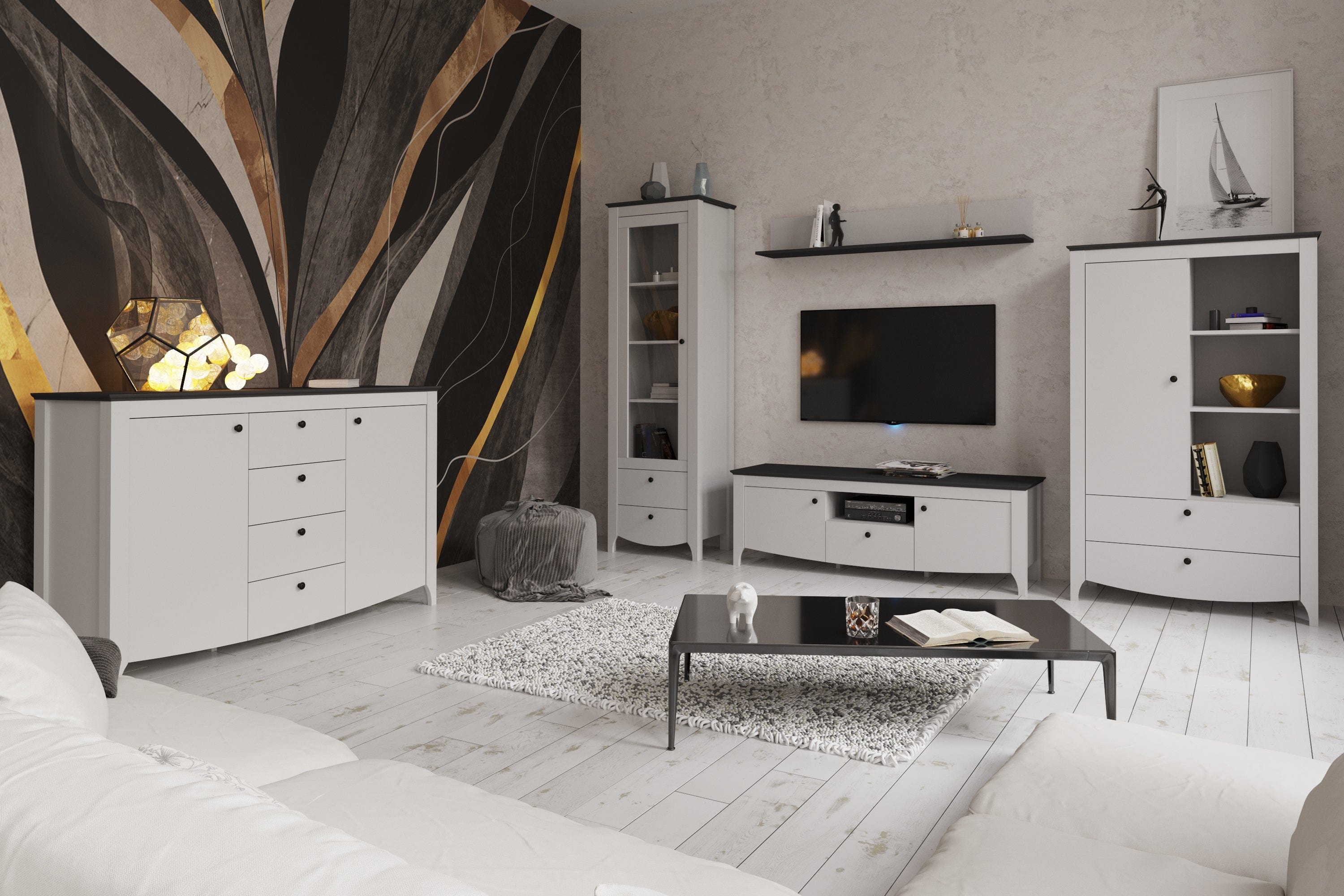 Comoda KARINA 5, alb/stejar, PAL, 150x46x97 cm