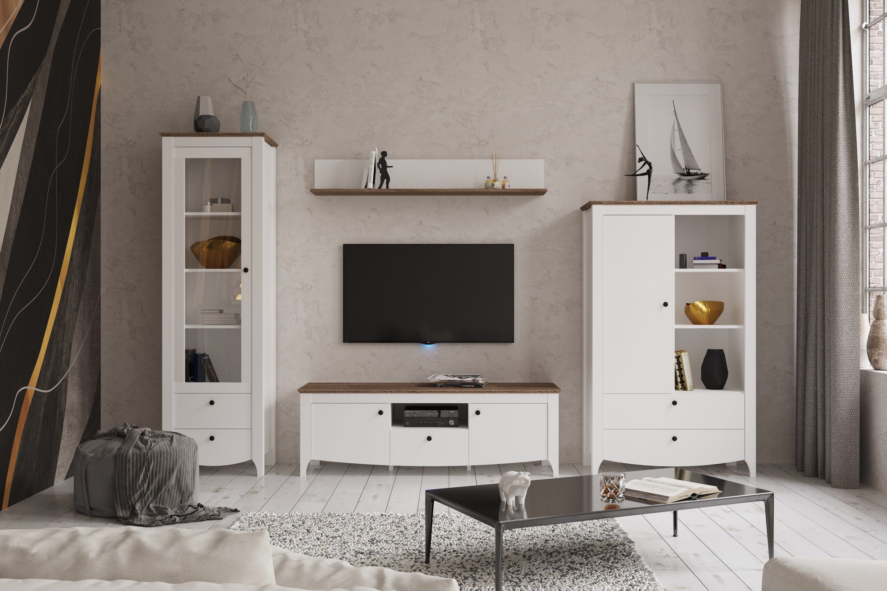 Comoda TV KARINA 1, alb/stejar, PAL, 150x46x51 cm