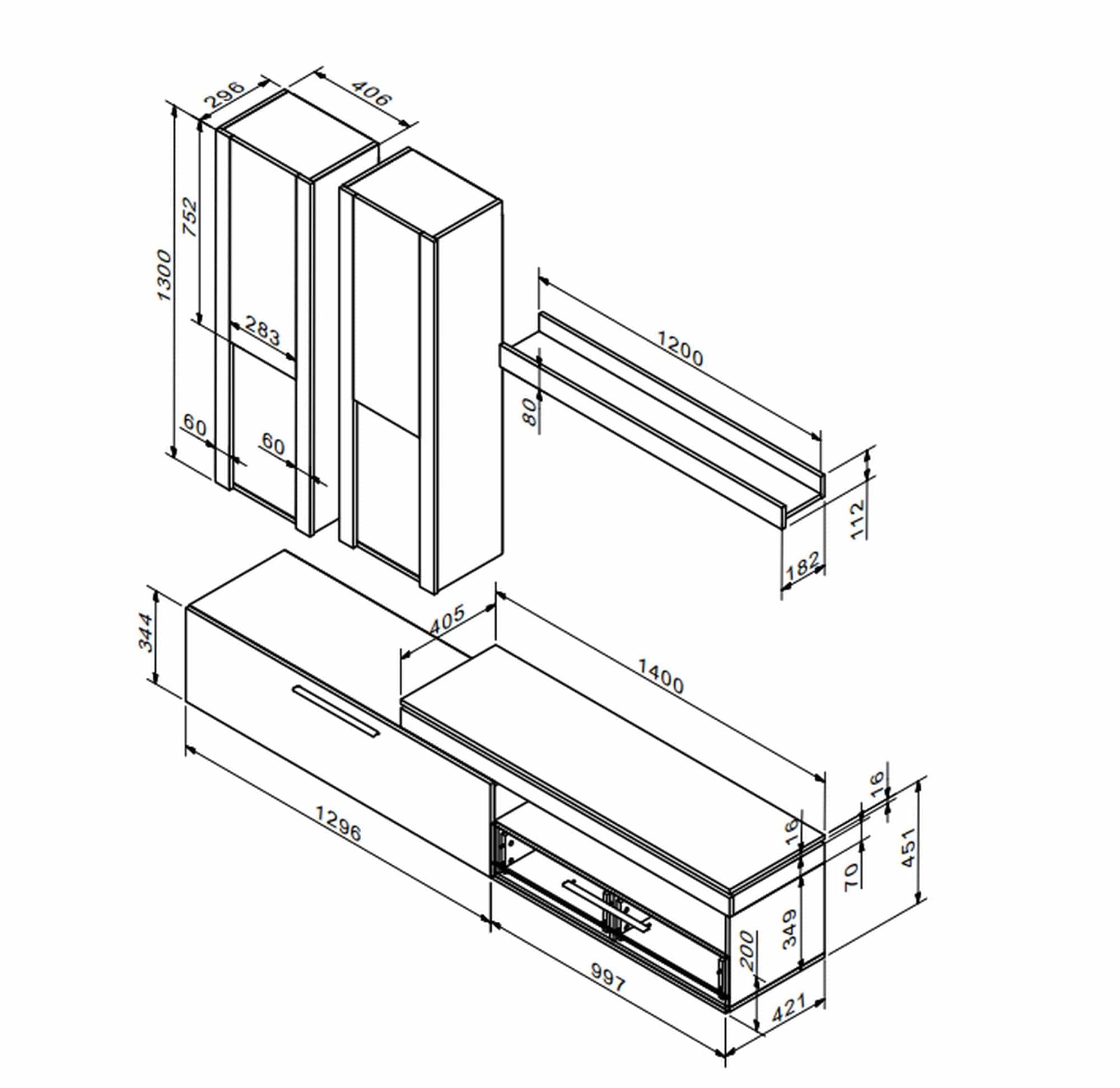 Mobilier living LICHI, gri beton, PAL, 230x43x215 cm