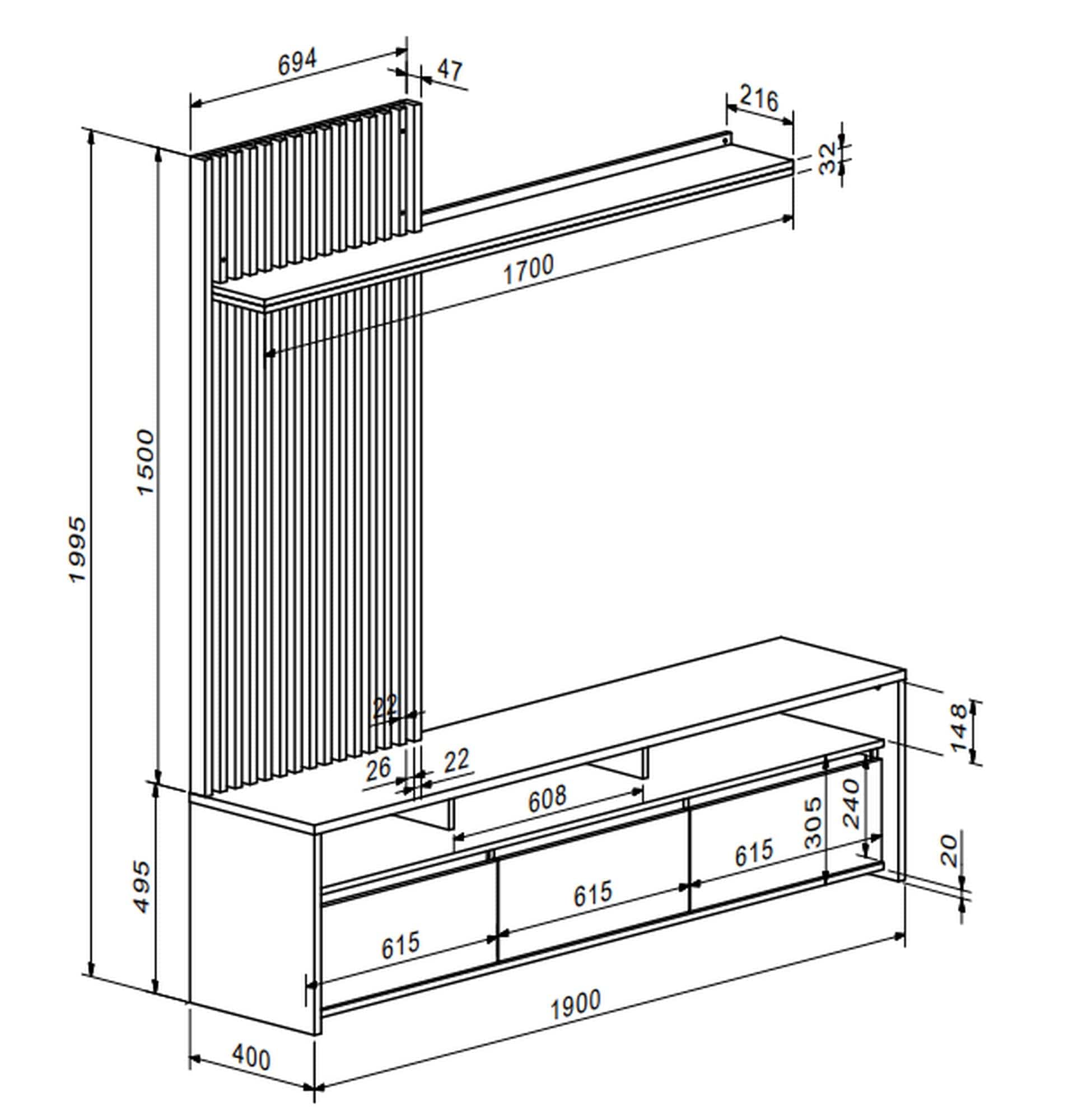 Mobilier living NEO, stejar inchis/gri inchis, PAL, 190x40x200 cm