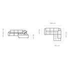 Coltar modern COLOMBO L cu sistem electric de ajustare a adancimii, 296x227x81/103 cm.