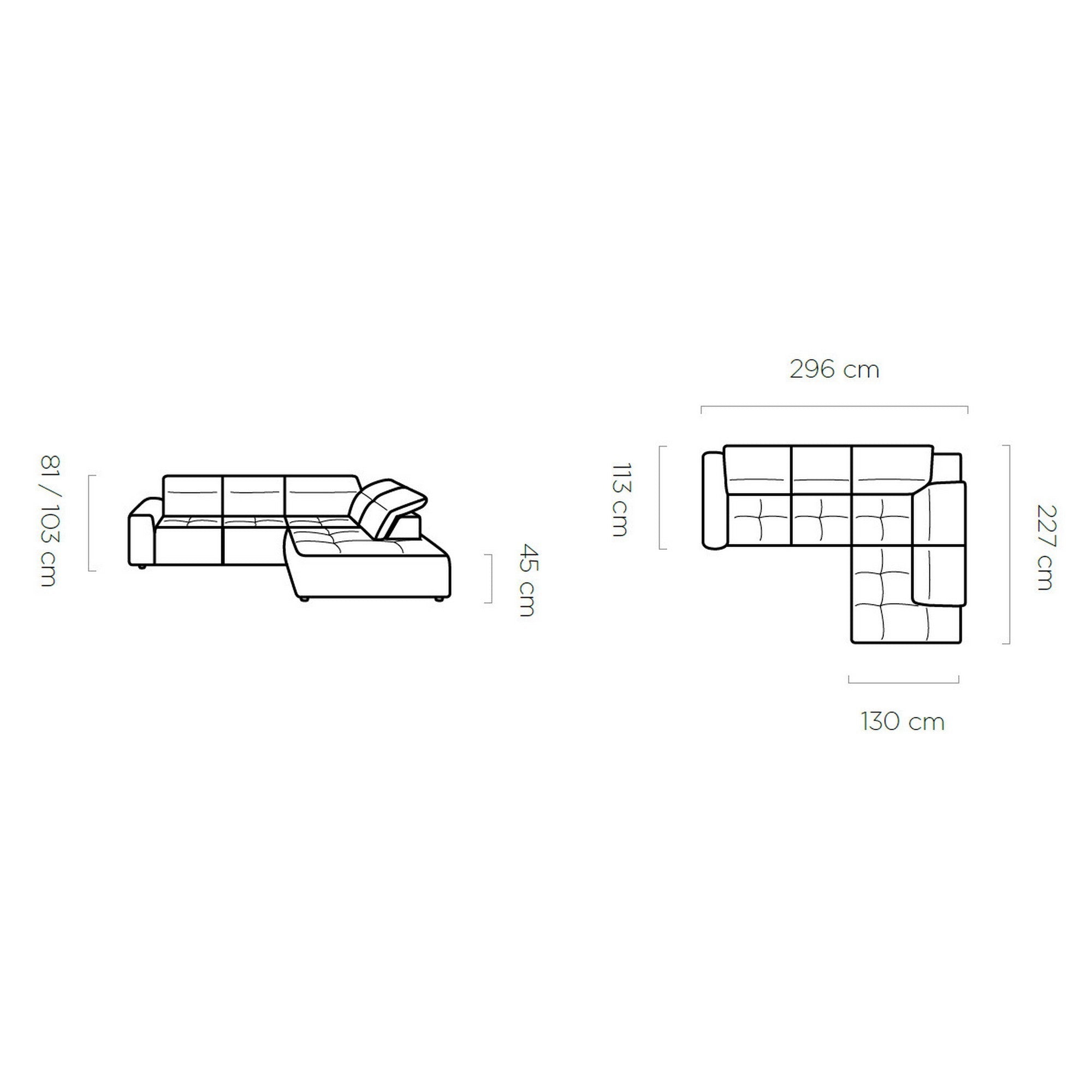 Coltar modern COLOMBO L cu sistem electric de ajustare a adancimii, 296x227x81/103 cm.