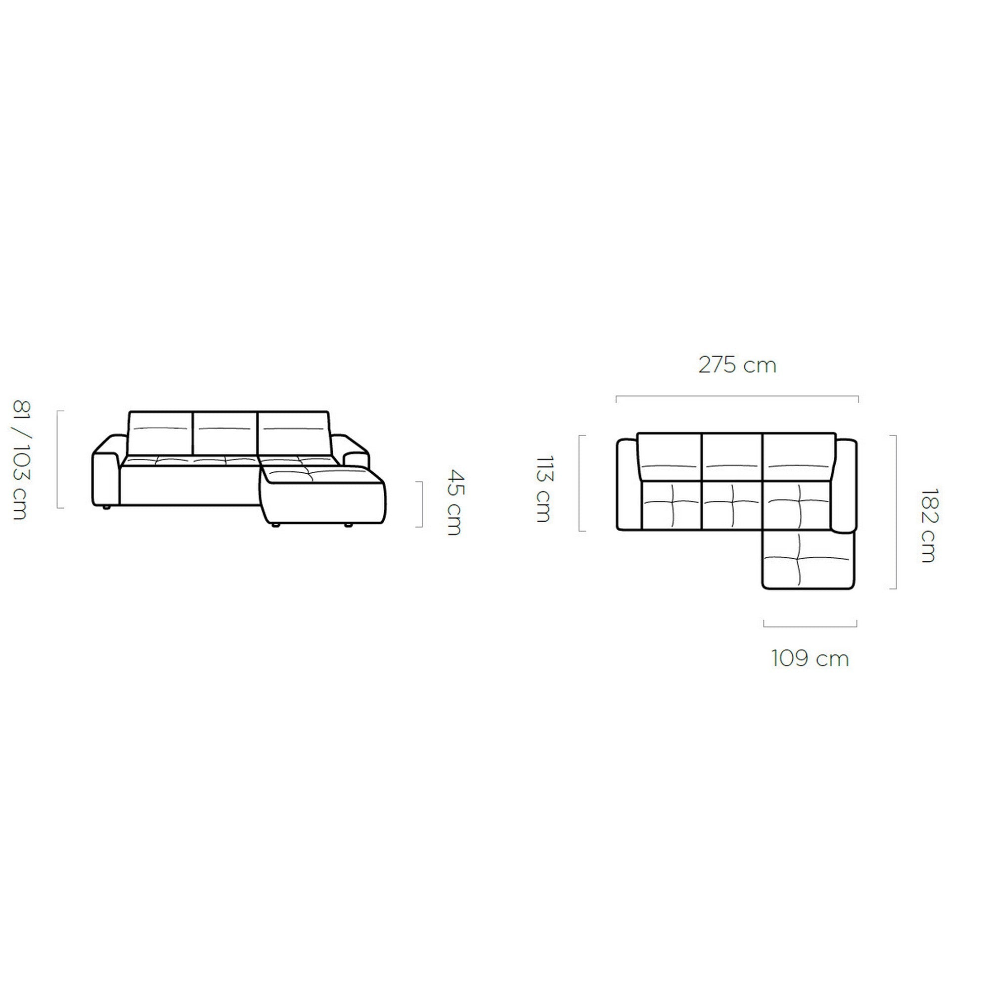 Coltar modern COLOMBO MINI cu sistem electric de ajustare a adancimii, 275x182x81/103 cm.